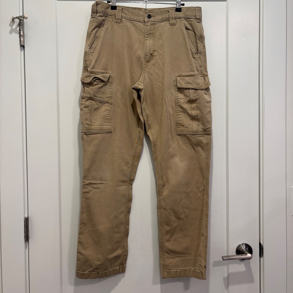 Carhartt Mens Relaxed Fit Cargo Work Pants Tan Canvas 34x32 Utility Trousers